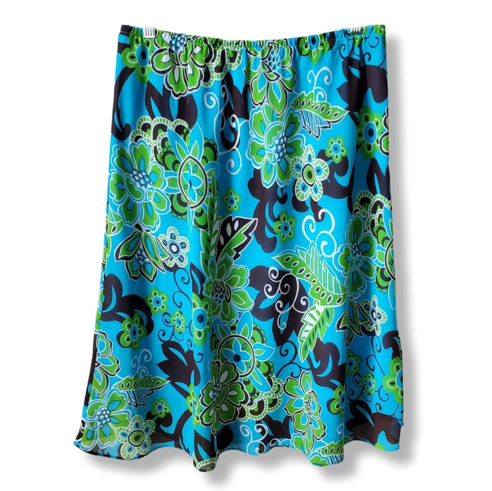Women Vtg Y2K Blue Floral Midi Skirt L Colorful Artsy Twee Phoebe Casual Career